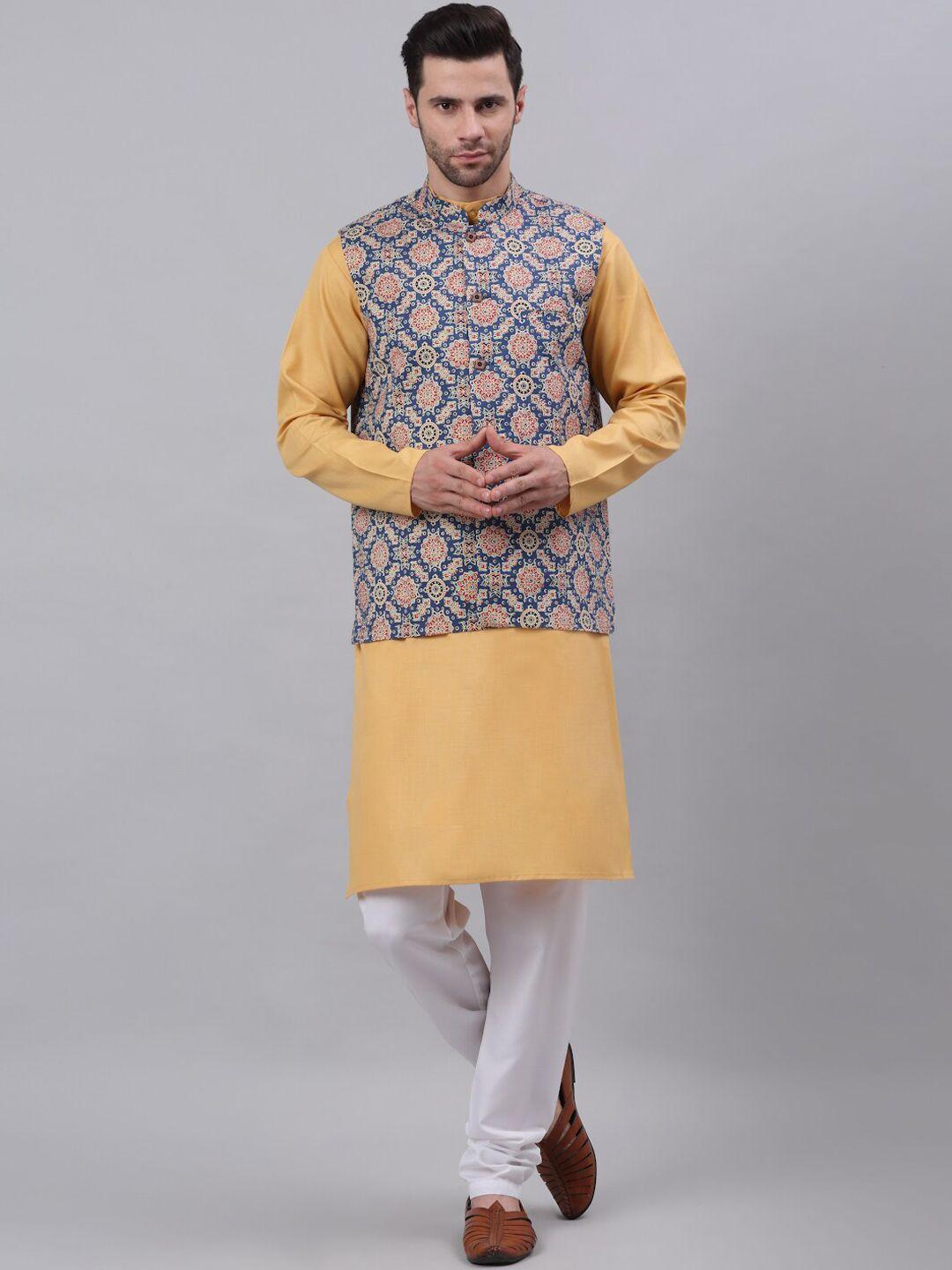 neudis men blue cotton printed nehru jacket & yellow kurta set