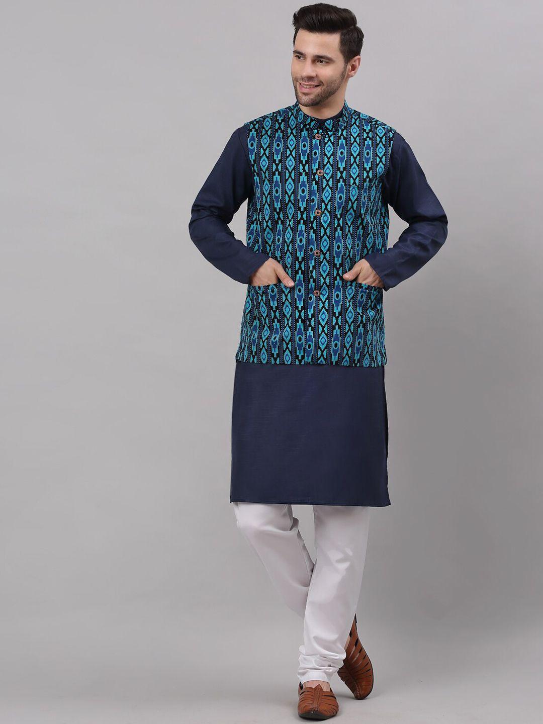neudis men blue cotton printed nehru jacket kurta set