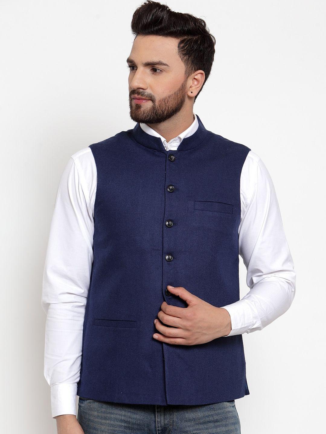 neudis men blue solid wool nehru jackets