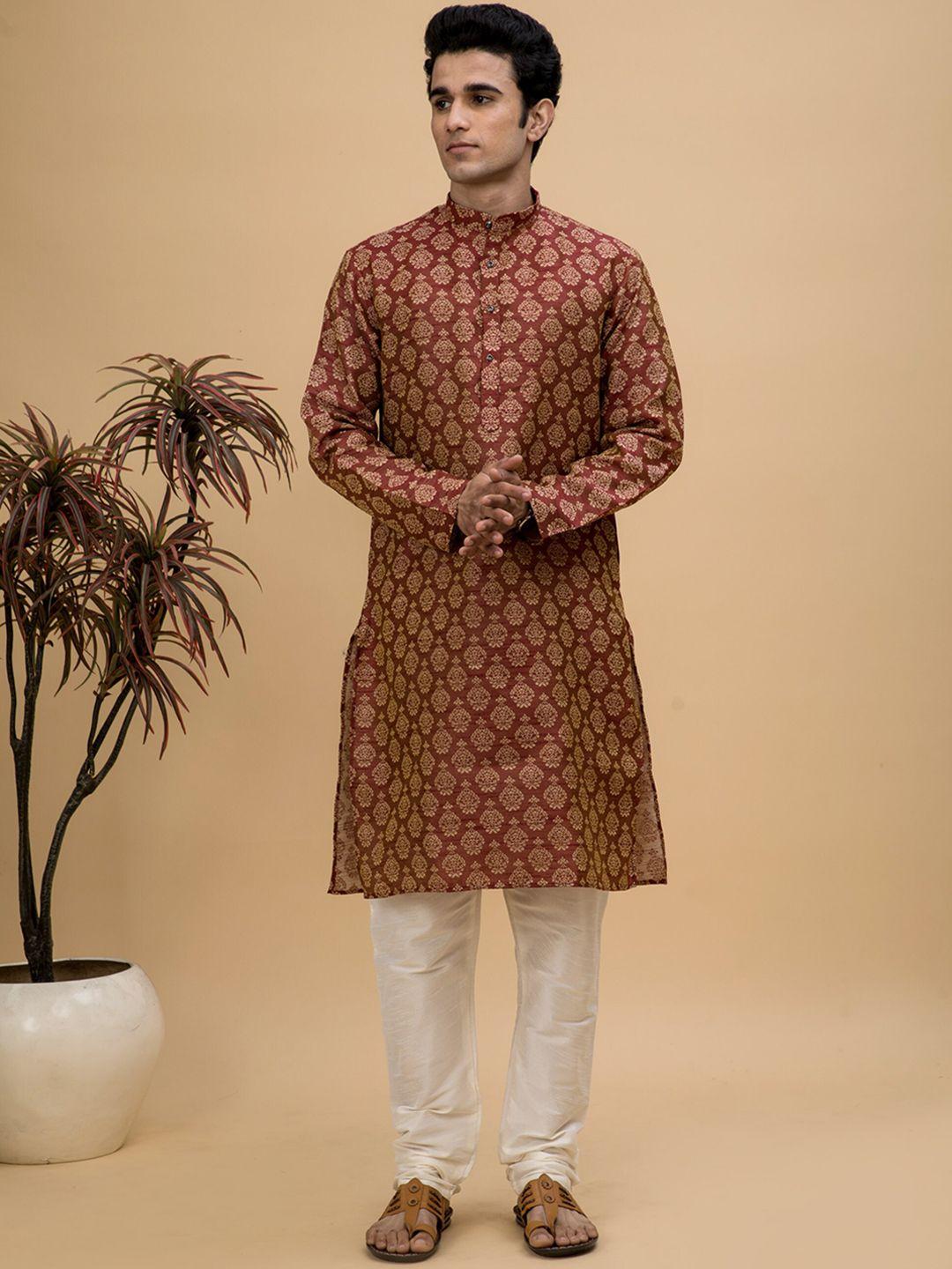 neudis men ethnic motifs woven design pure cotton kurta with churidar