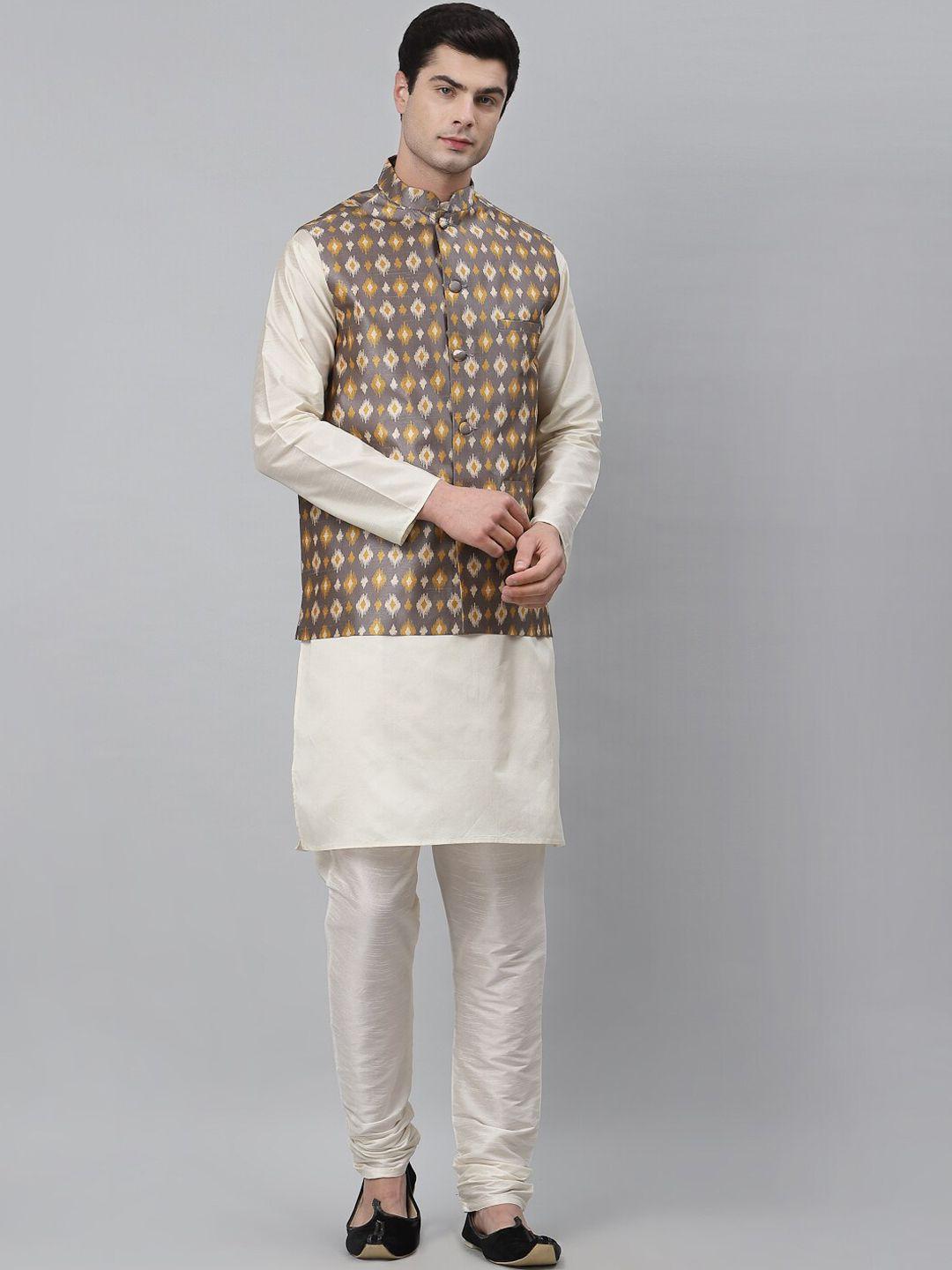 neudis men grey dupion silk kurta with churidar with jacket