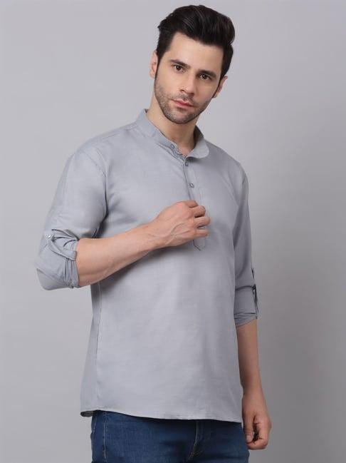 neudis men grey solid cotton short kurta