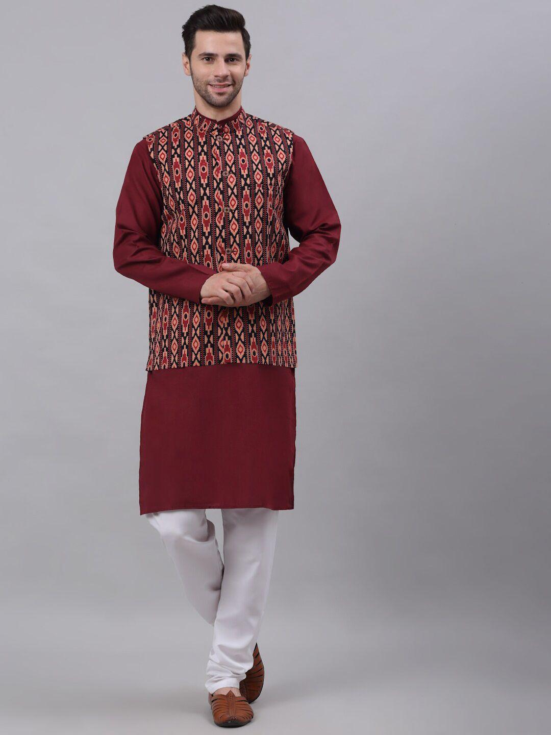 neudis men maroon cotton printed nehru jacket kurta set