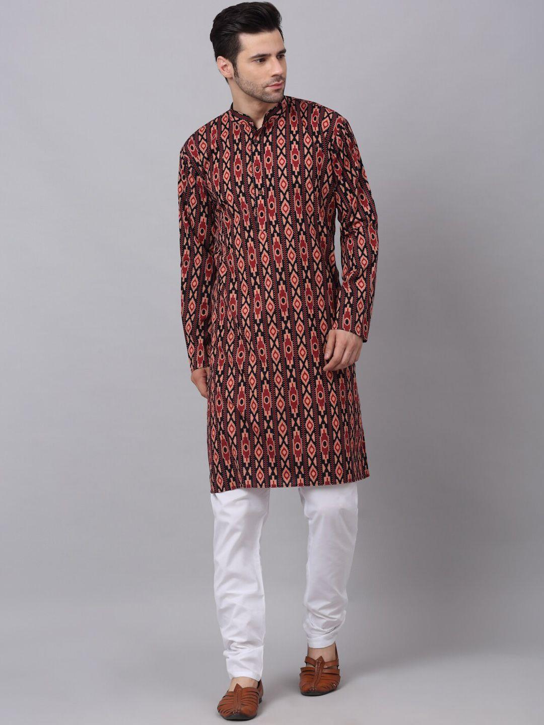 neudis men maroon printed cotton long kurta