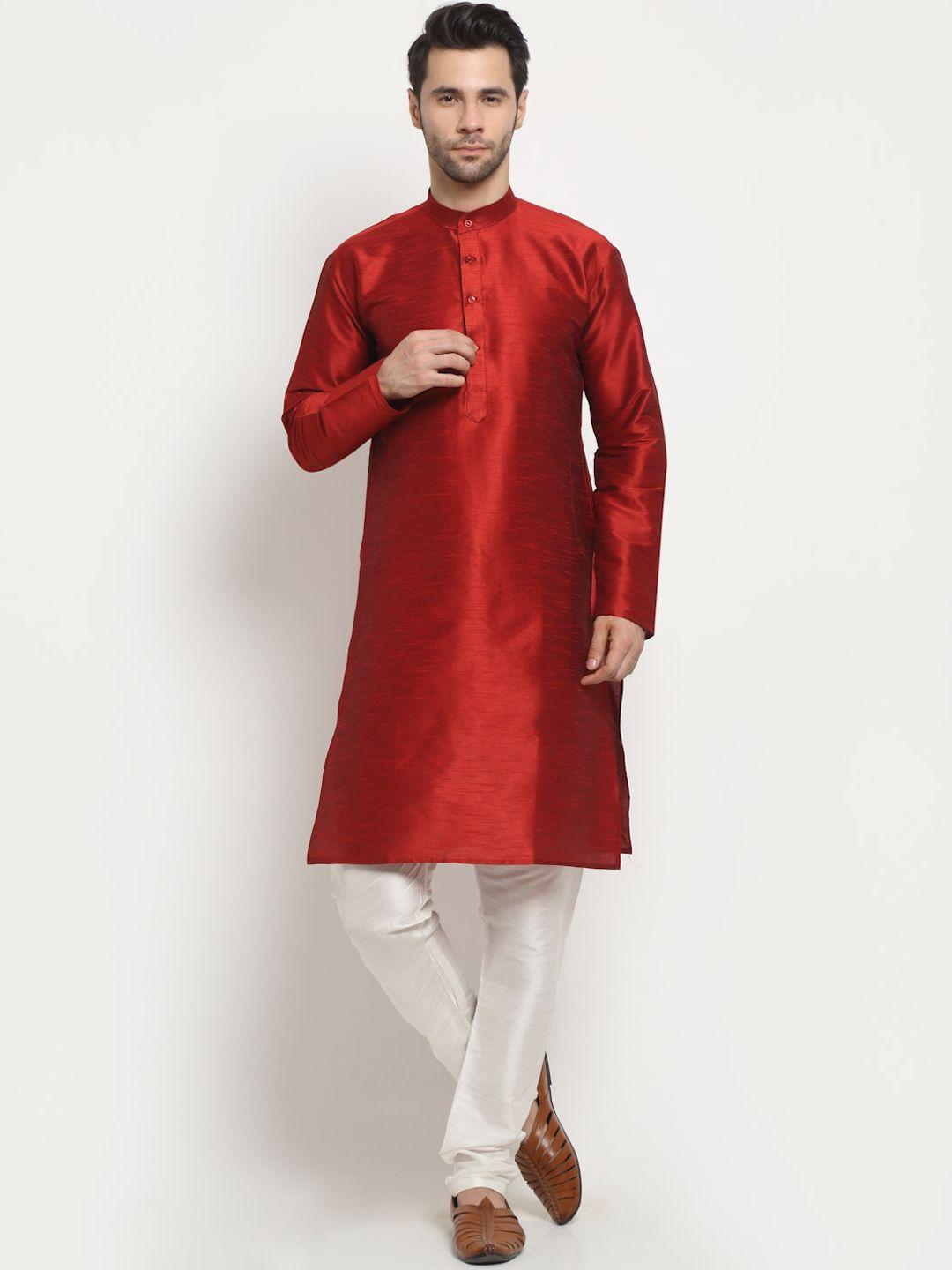 neudis men maroon solid dupion silk kurta