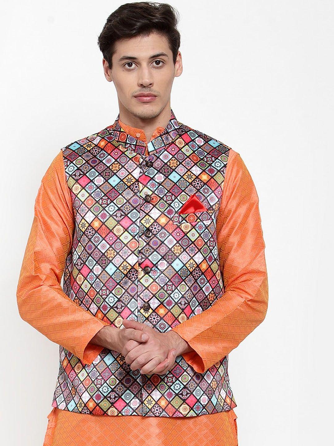 neudis men multicoloured printed satin nehru jacket