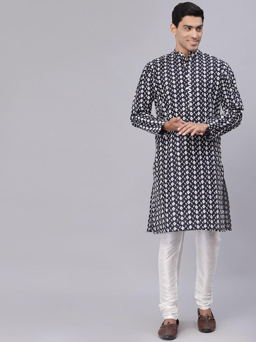 neudis men navy blue printed dupion silk kurta with churidar