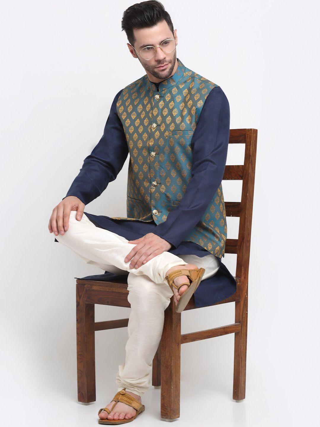 neudis men navy blue solid kurta with churidar & nehru jacket