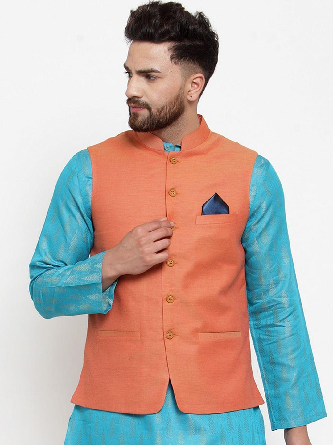 neudis men orange woven-design pure cotton nehru jacket