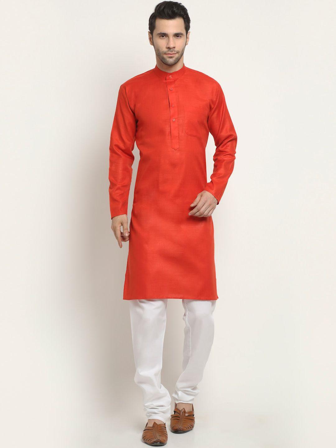 neudis men red solid cotton kurta