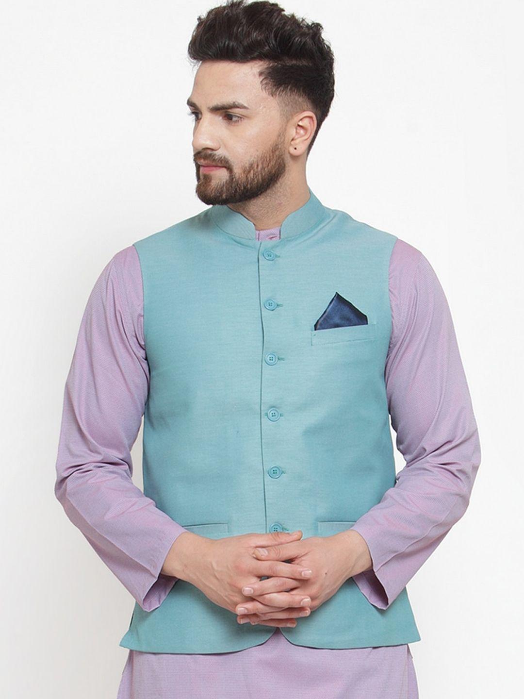 neudis men teal solid cotton nehru jackets