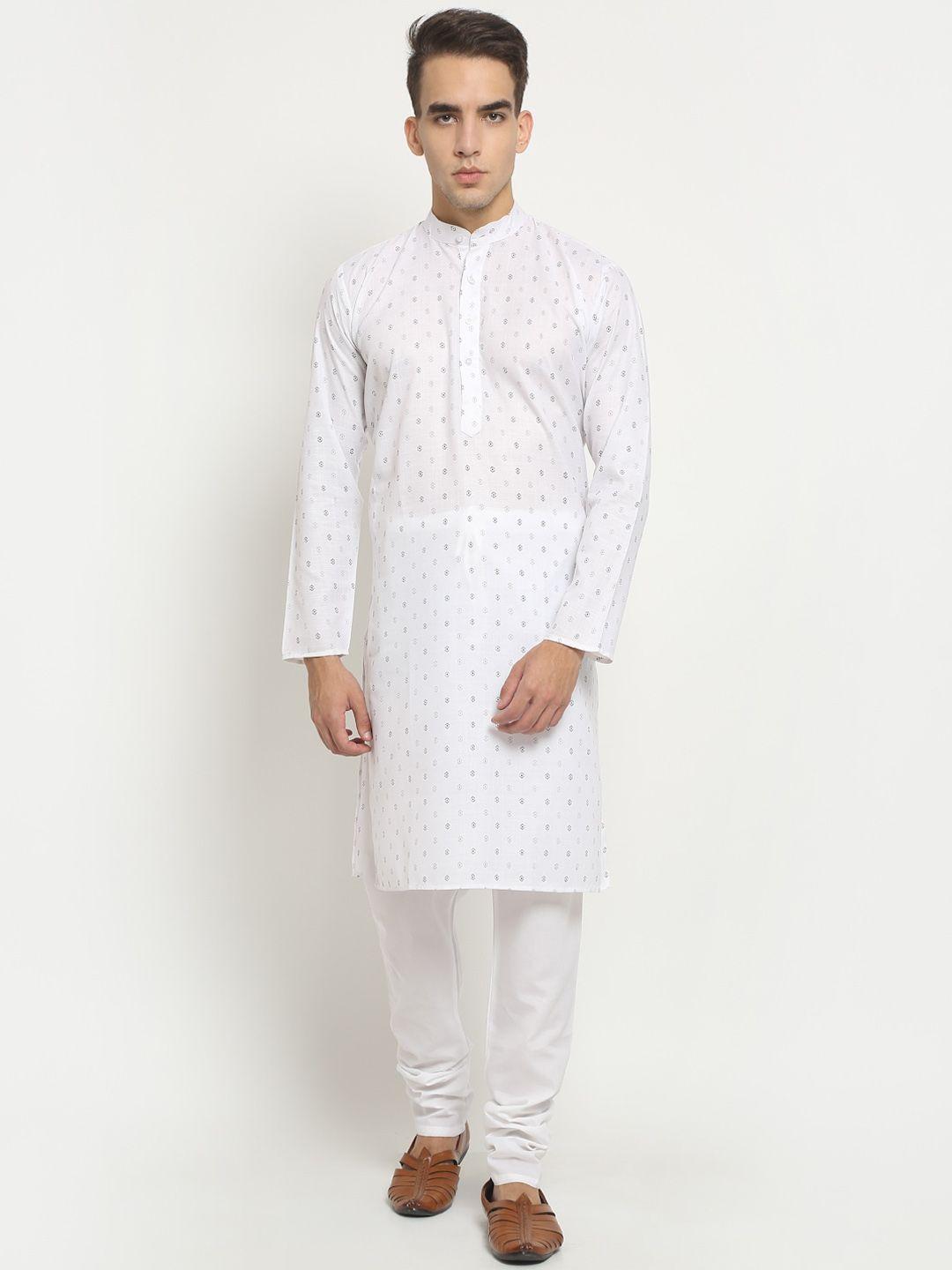 neudis men white ethnic motifs printed regular pure cotton kurta with churidar