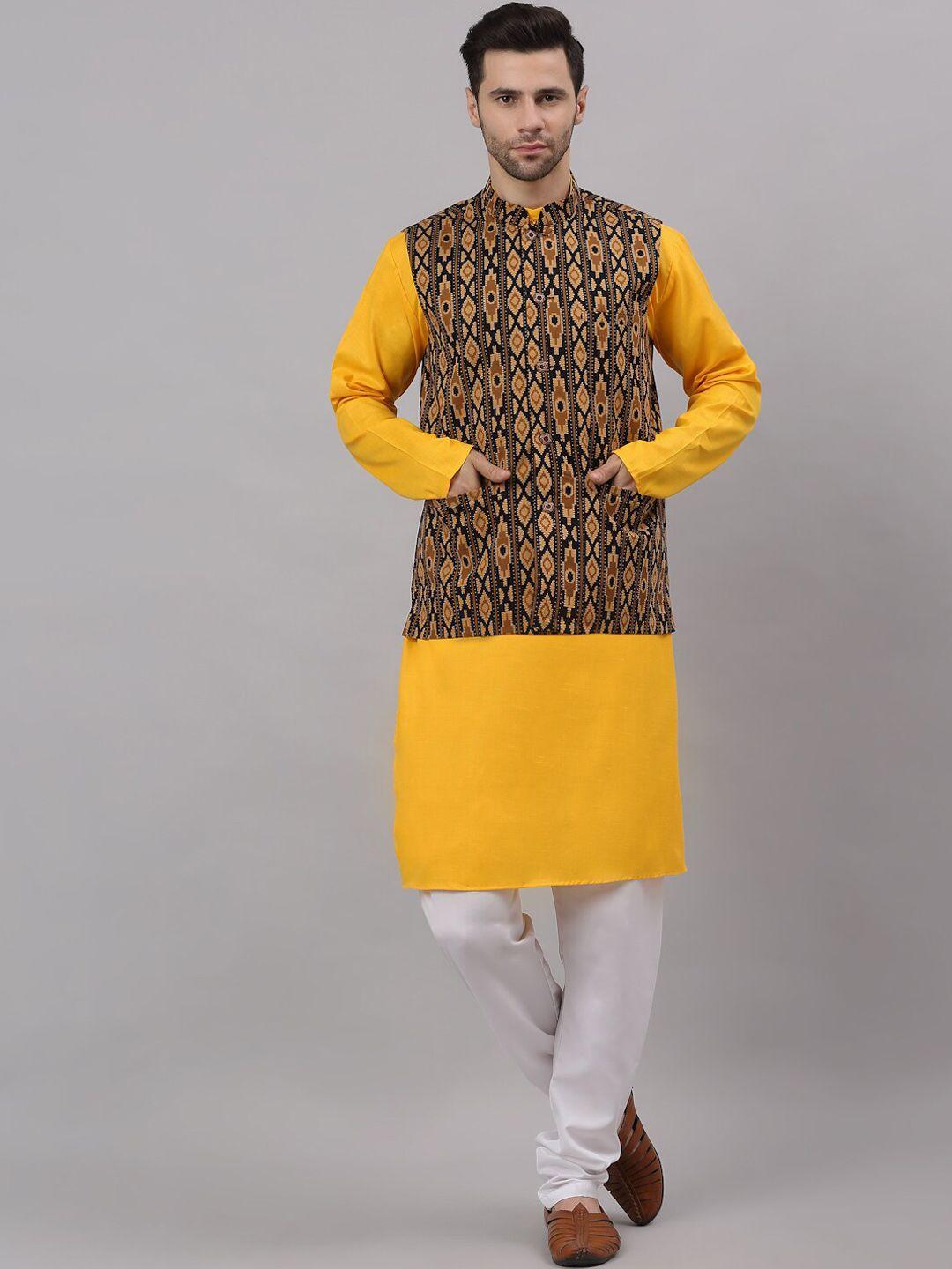 neudis men yellow cotton printed nehru jacket kurta set