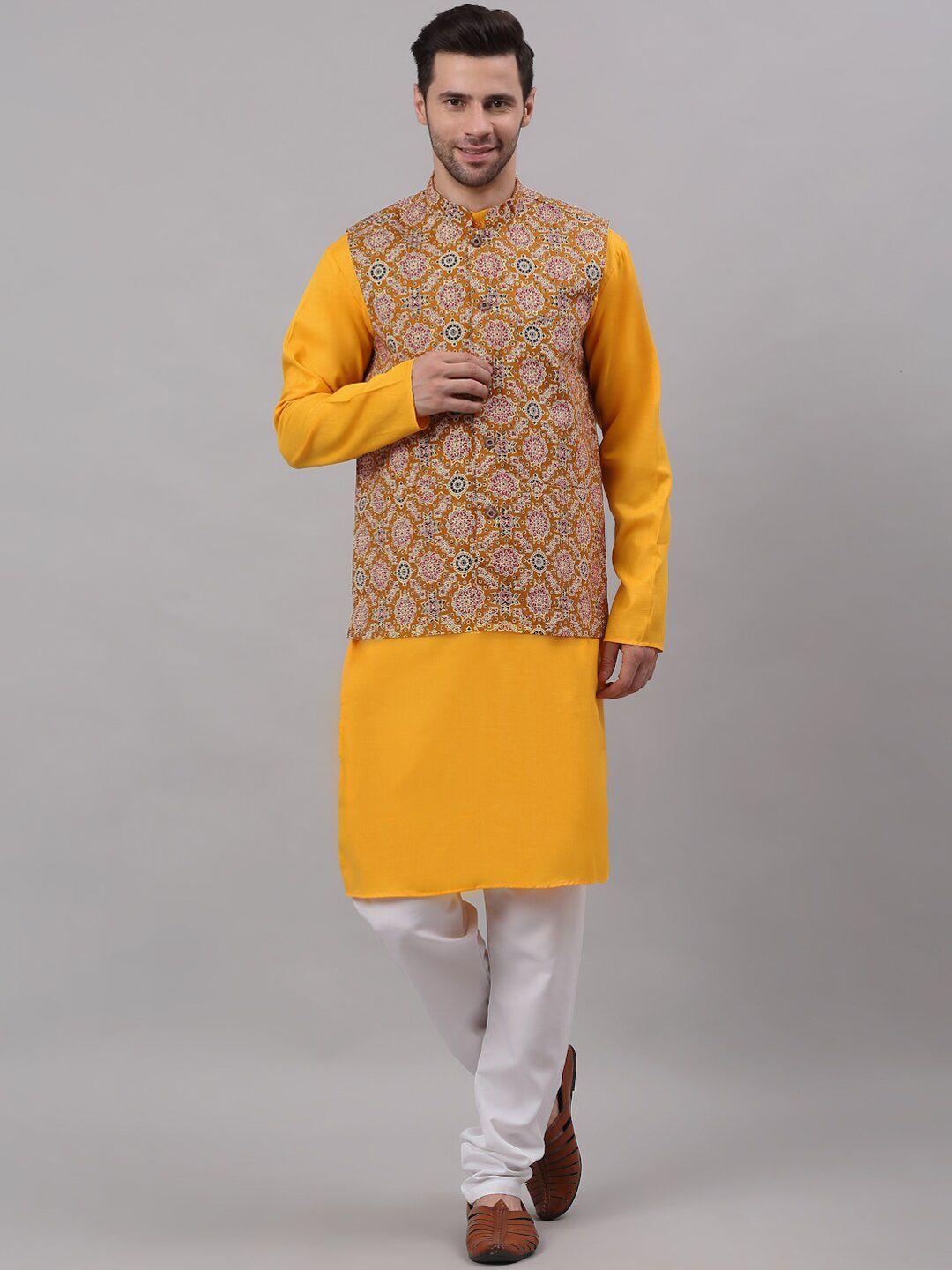 neudis men yellow cotton printed nehru jacket kurta set