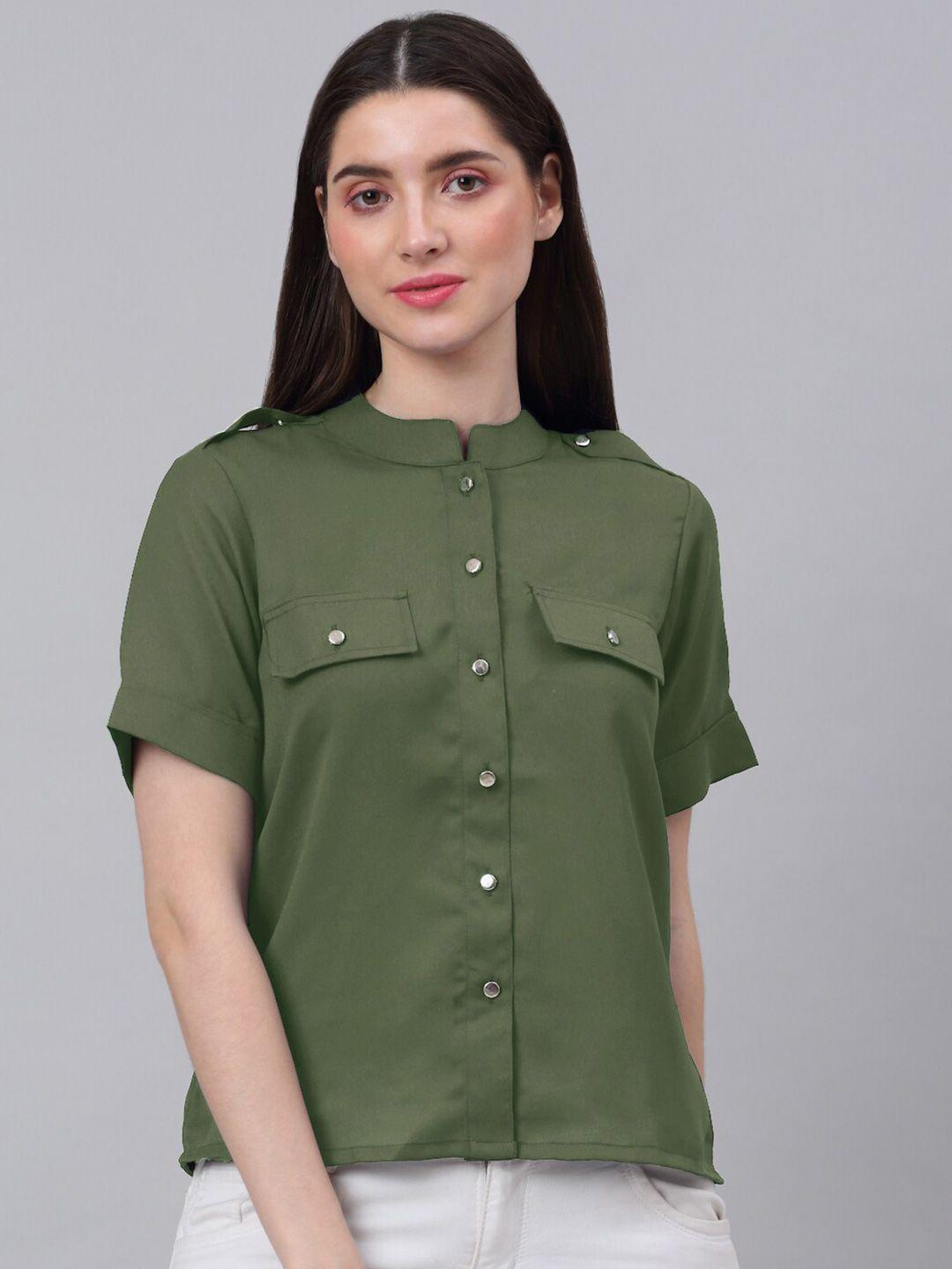 neudis olive green solid crepe shirt style top