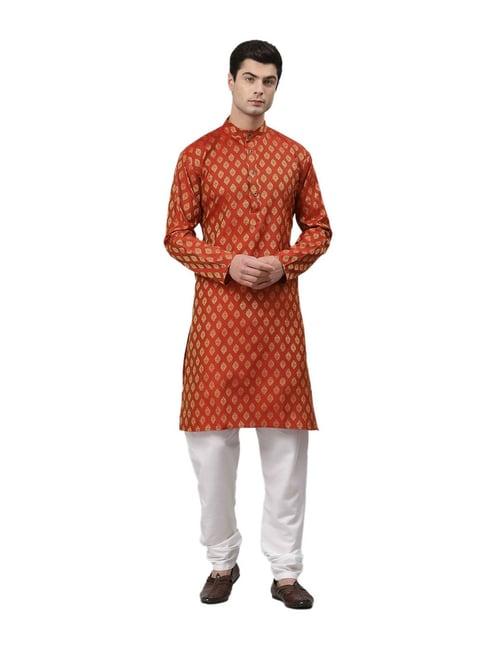 neudis orange & white jacquard straight kurta with churidar