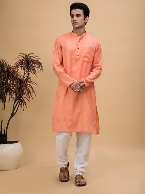 neudis peach & white regular fit self design kurta & churidar set