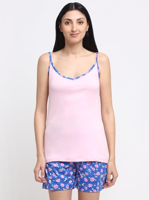 neudis pink & blue cotton blend floral print top shorts set