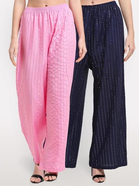 neudis pink & navy embroidered palazzos - pack of 2