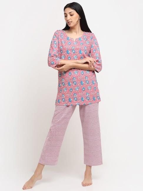 neudis pink cotton floral print tunic pyjama set