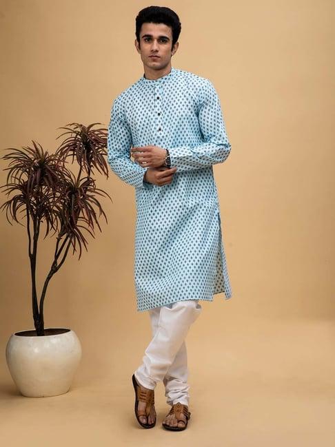 neudis sky blue & white regular fit printed kurta & churidar set