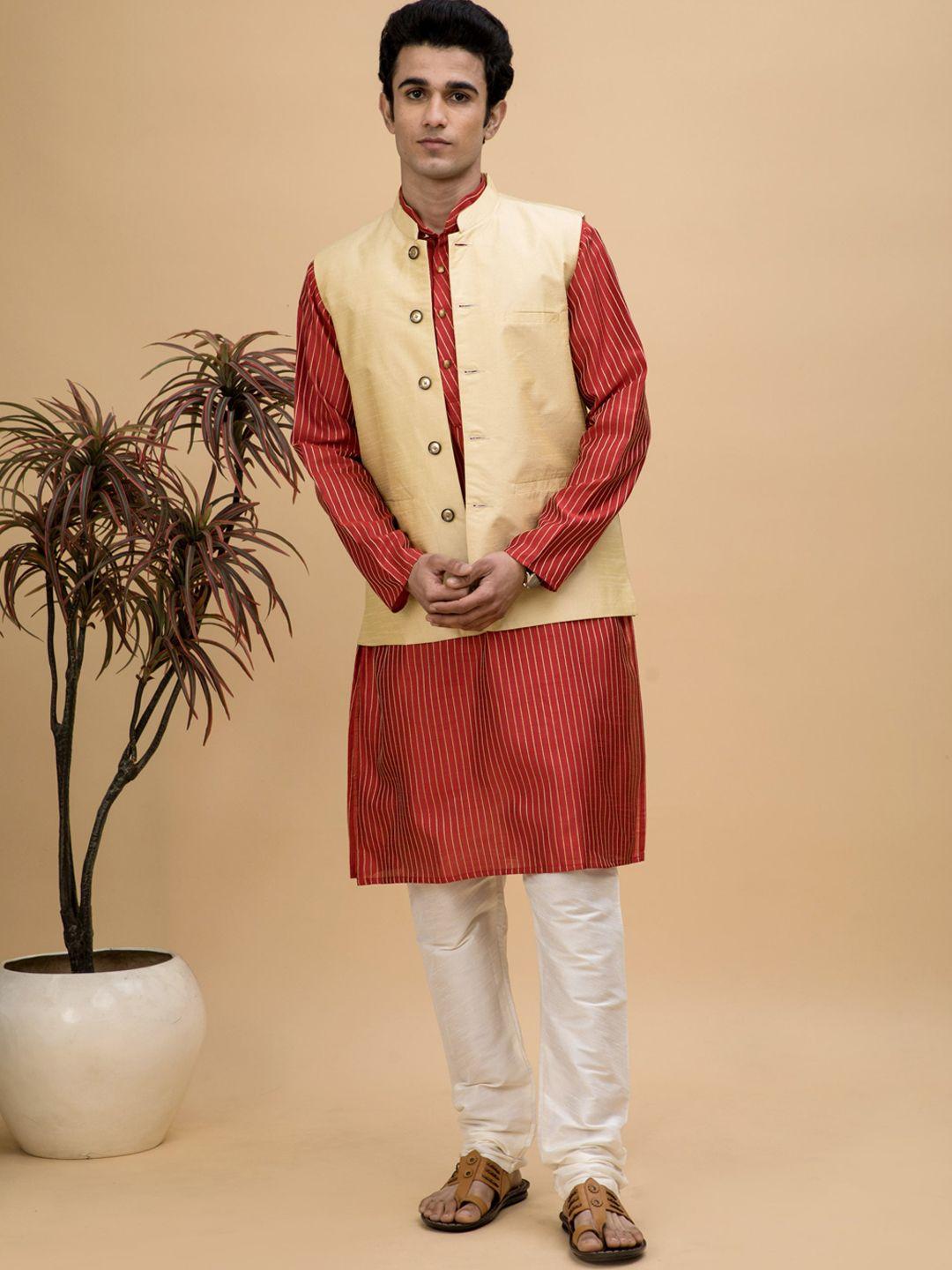 neudis striped dupion silk straight kurta with churidar & nehru jacket