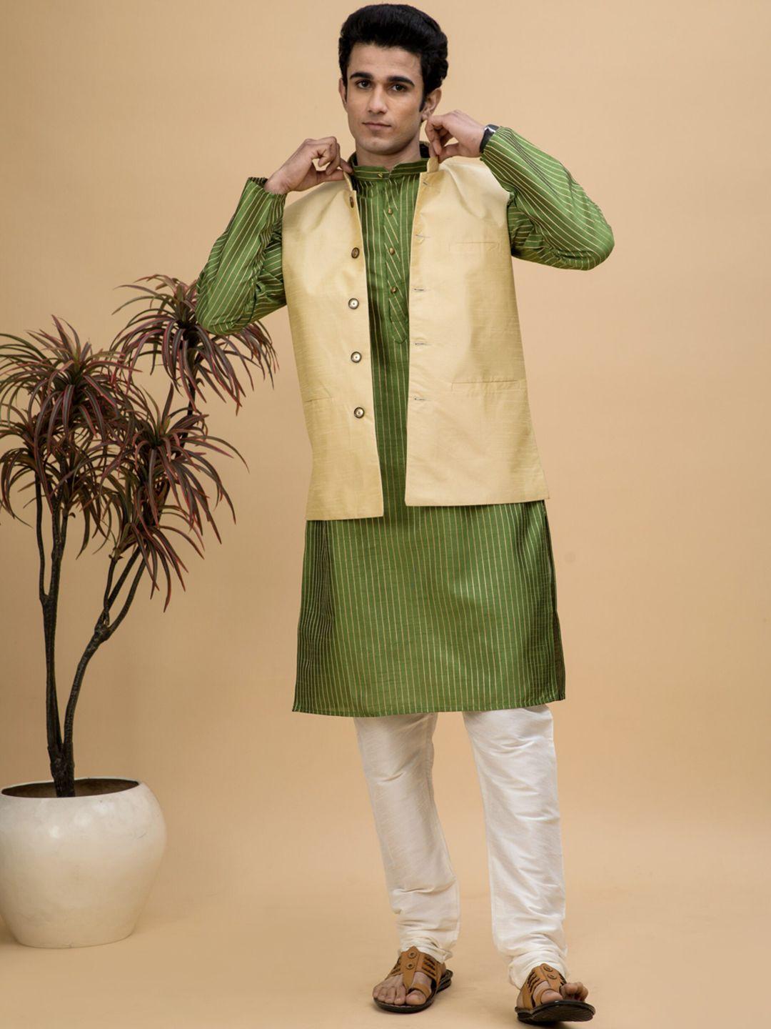 neudis striped mandarin collar kurta with churidar & nehru jacket