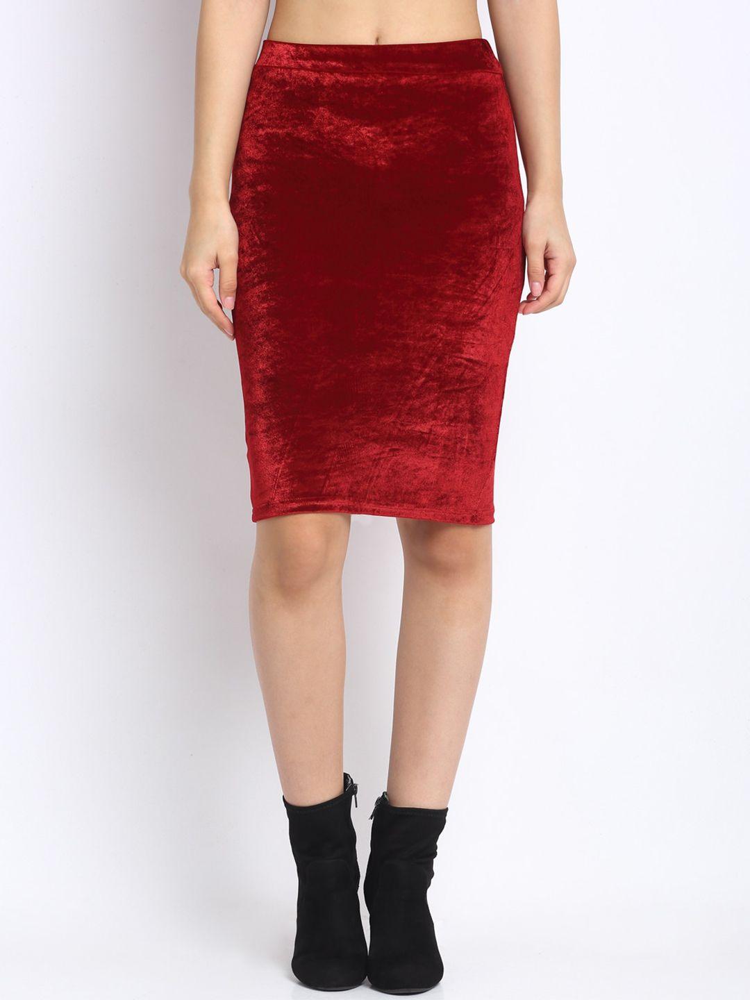 neudis women maroon solid pencil midi skirt