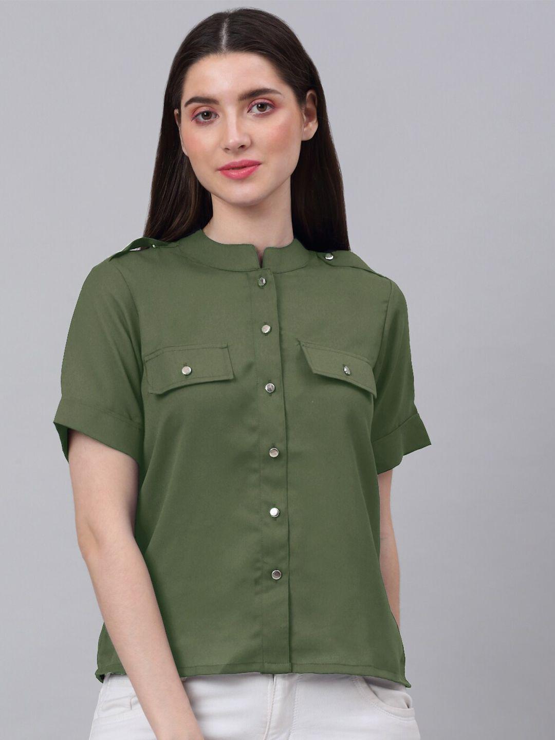 neudis women olive green mandarin collar shirt style top