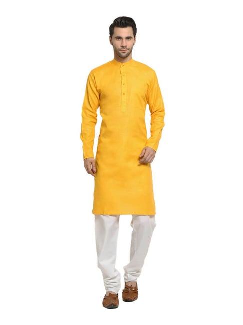 neudis yellow & white cotton kurta with churidar set