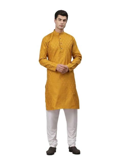 neudis yellow & white jacquard straight kurta with churidar