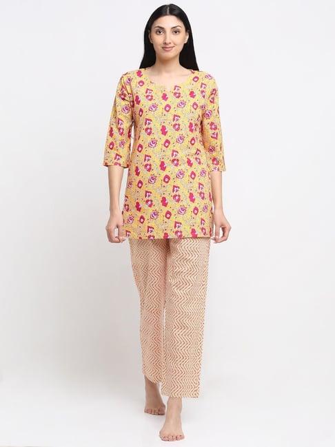 neudis yellow cotton floral print tunic pyjama set