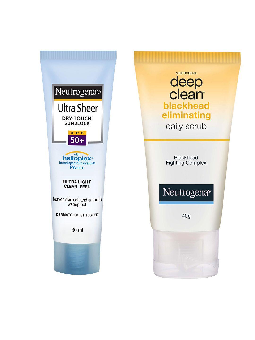 neutrogena set of black head eliminating scrub & ultra sheer sunblock spf50