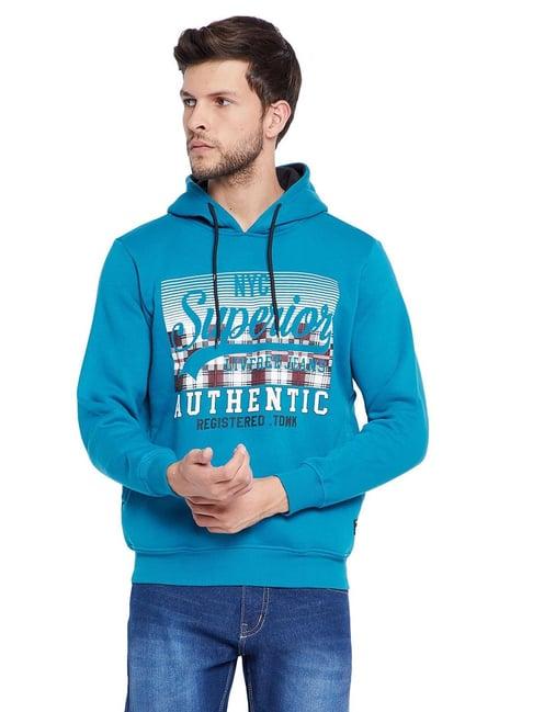 neva turquoise regular fit printed hooded sweatshirt