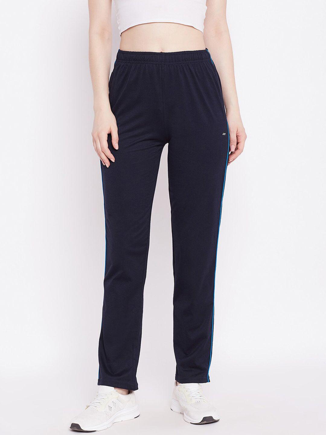 neva women navy blue solid cotton track pants