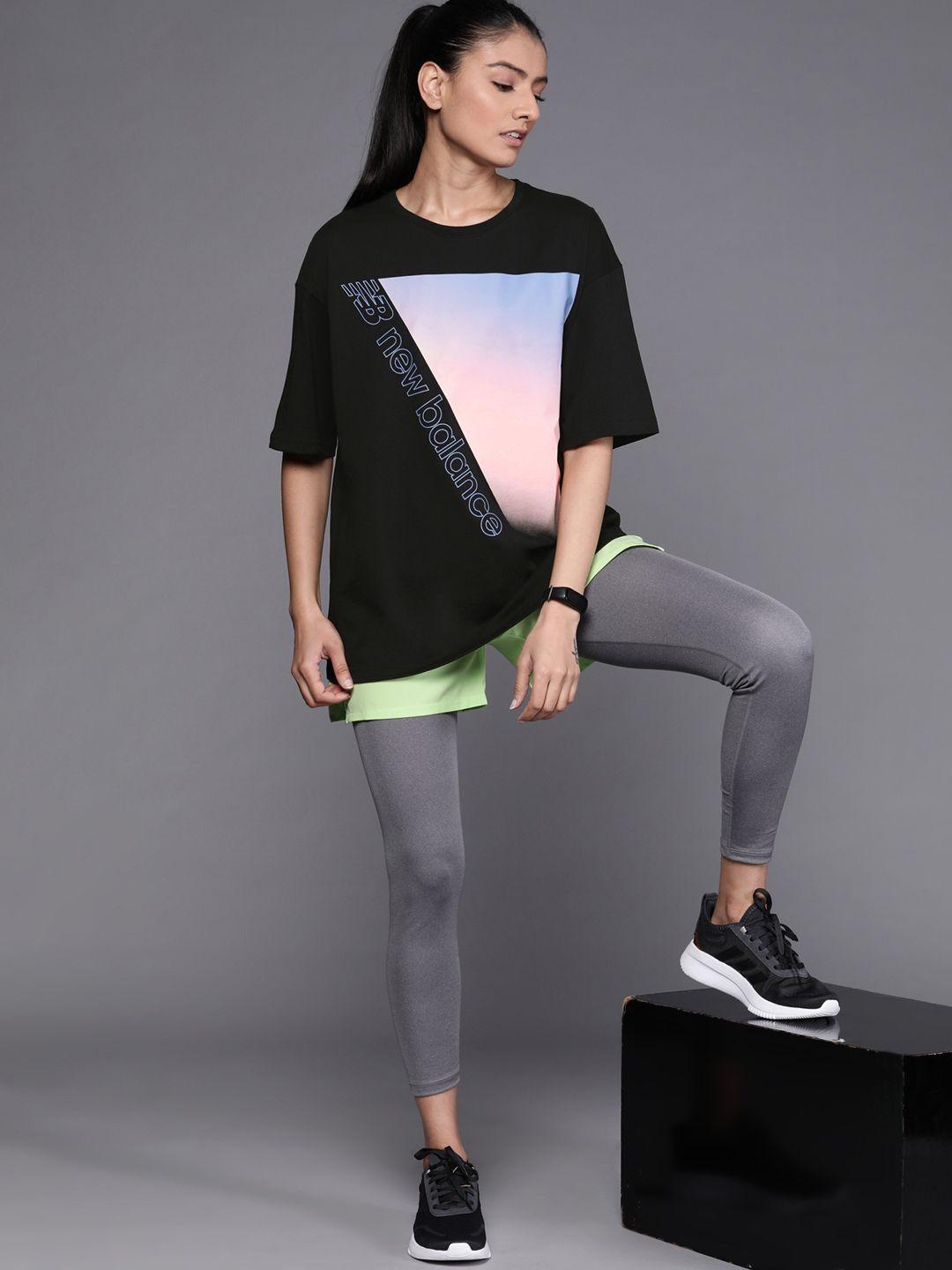new balance women black brand logo printed pure cotton sports t-shirt