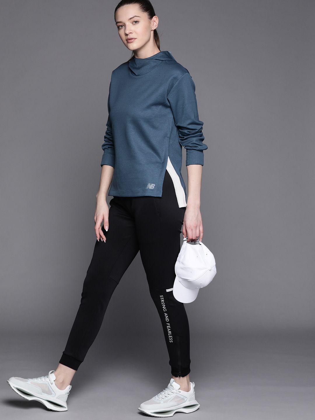 new balance women teal blue drop-shoulder sleeves solid hooded sweatshirt