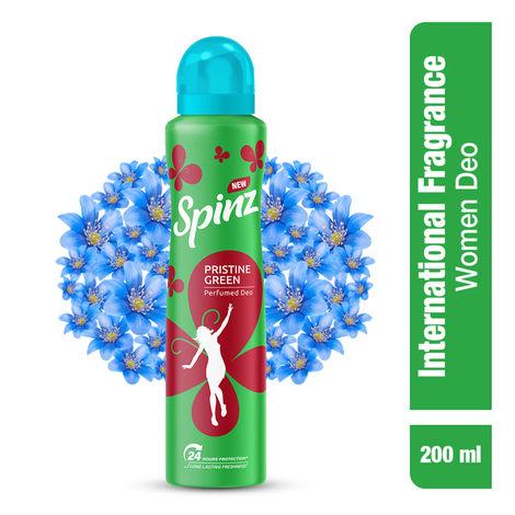 new spinz pristine green perfumed deo for women, with international fragrances for long lasting freshness and 24 hours protection, 200ml