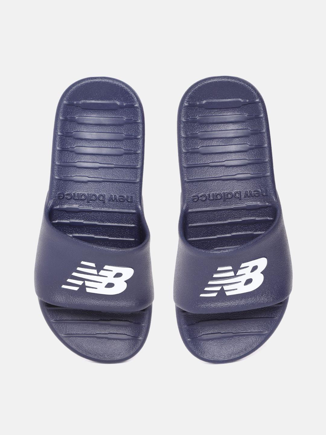 new balance men navy blue & white  brand logo print sliders