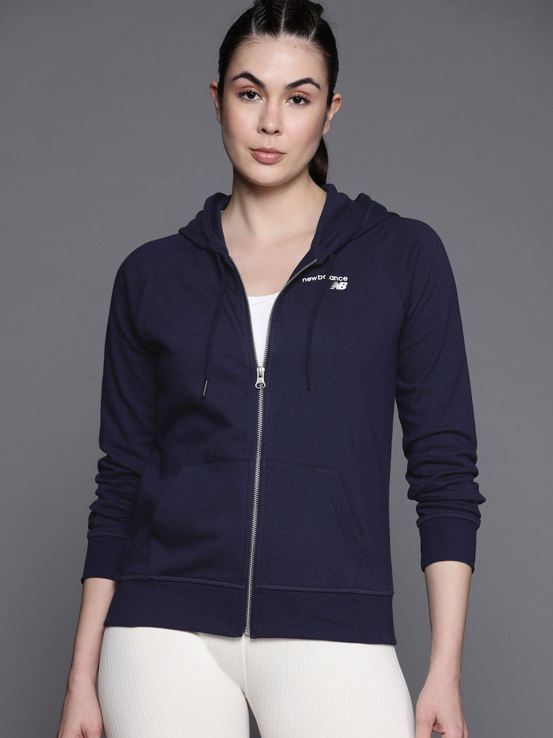 new balance women navy blue solid hooded sweatshirt