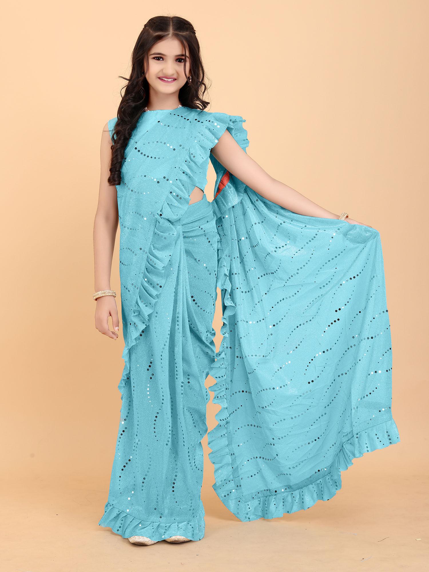 new designer saree sky blue with unstitched blouse