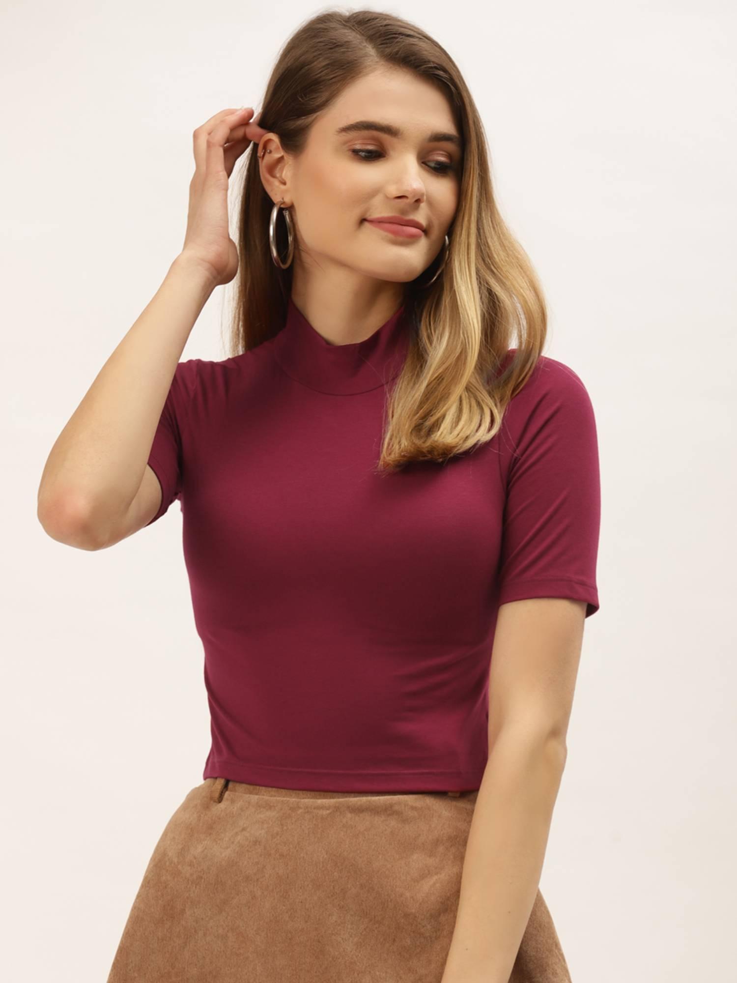 new wine solid cotton half sleeves crop top