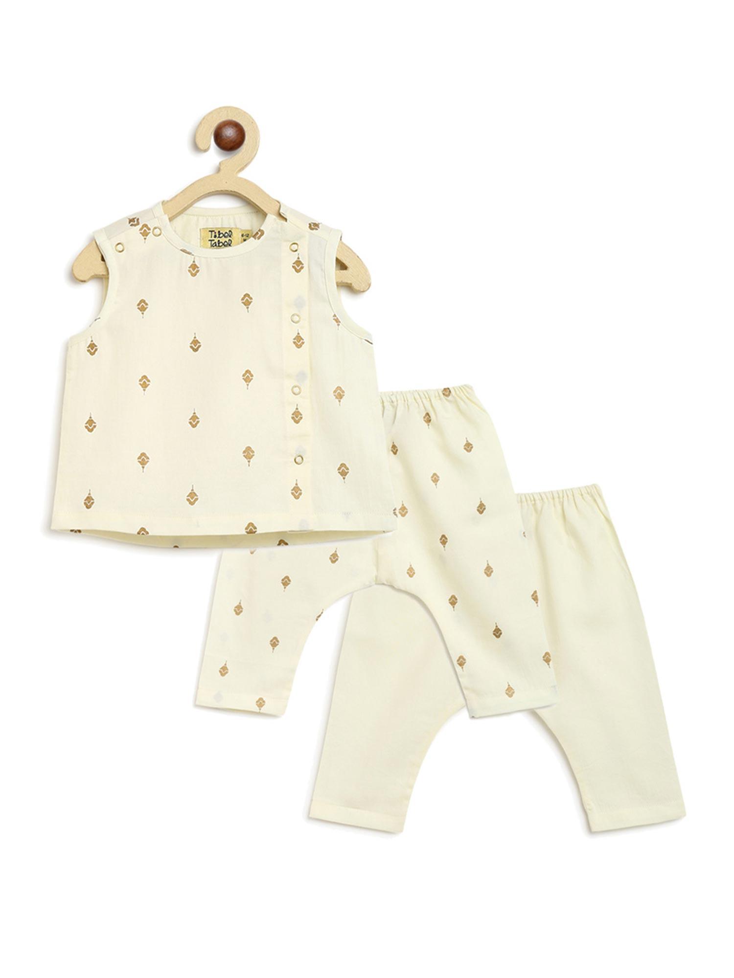 newborn baby premium cotton jhabla gold buta - cream (set of 3)