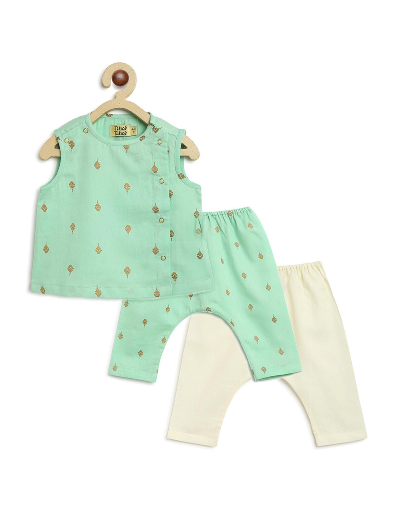 newborn baby premium cotton jhabla gold buta - green (set of 3)