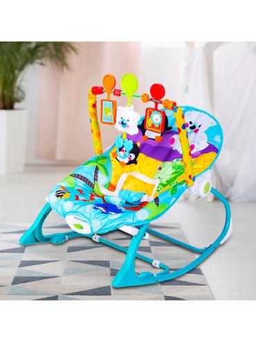 newborn to toddler portable rocker with hanging toys beachy blue