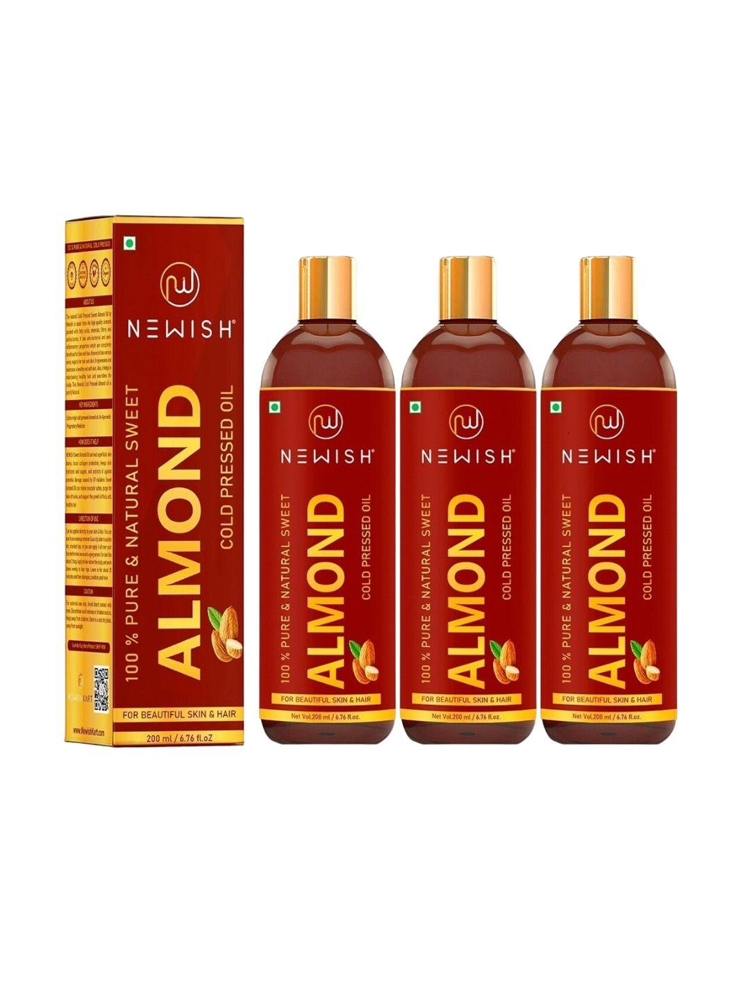 newish set of 3 pure & natural cold pressed sweet almond oil - 200ml each