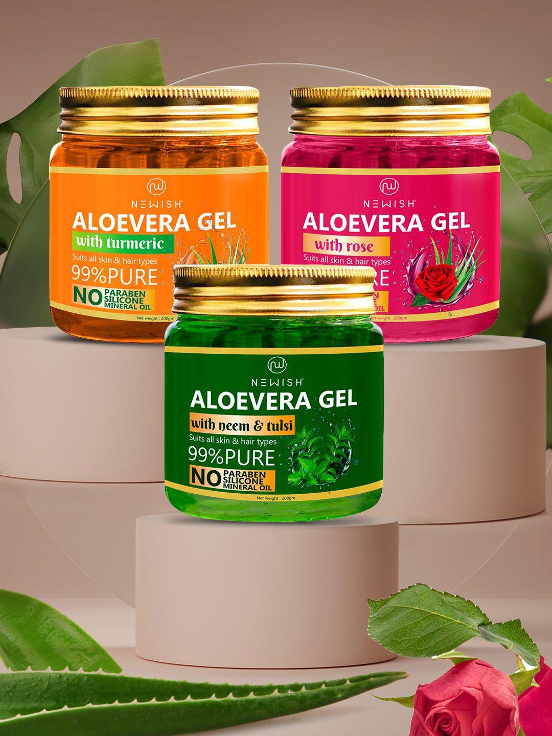 newish set of 3 pure aloe vera gel with rose, turmeric & neem & tulsi - 200 g each