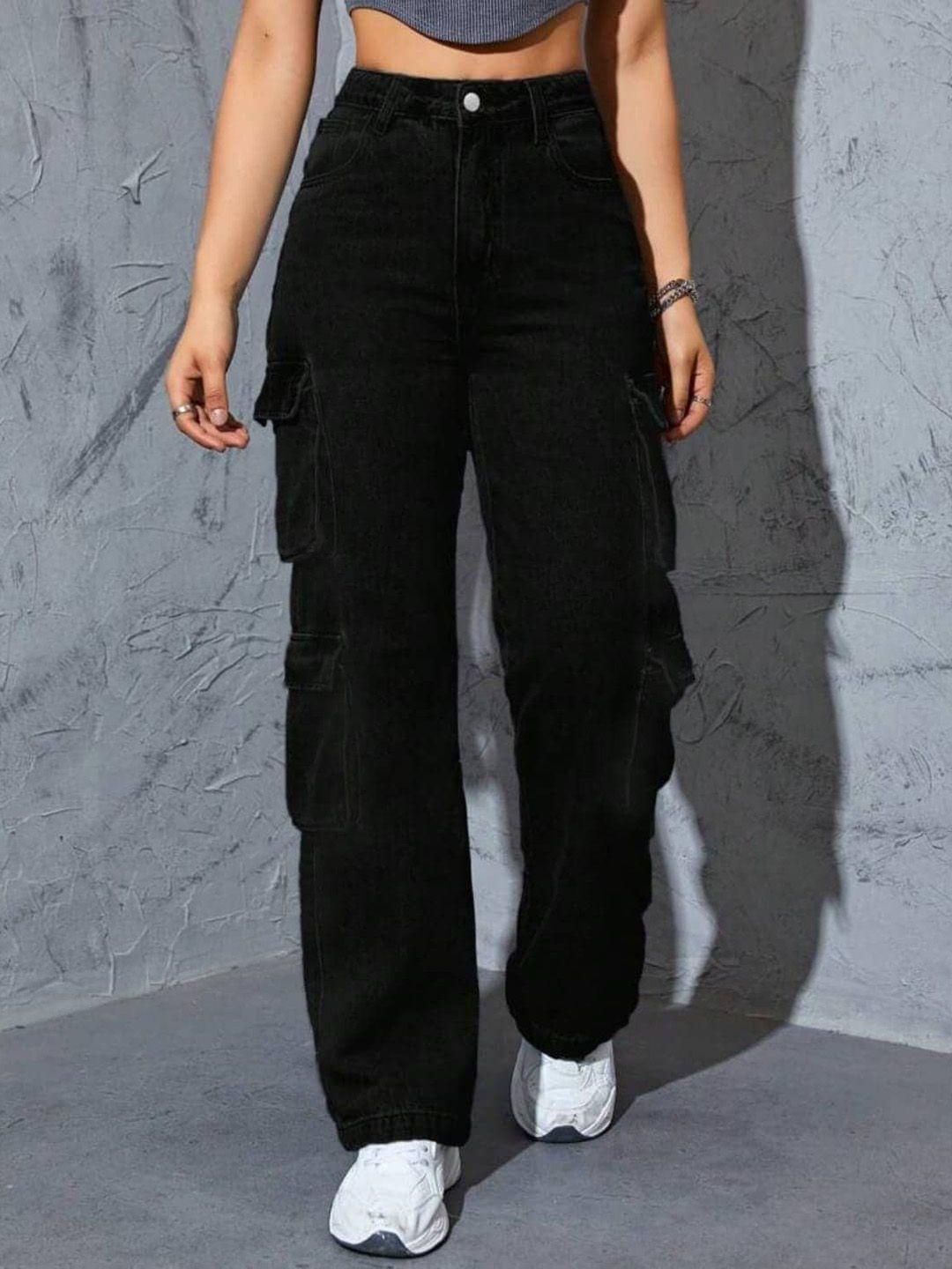 next one women black smart wide leg high-rise highly distressed stretchable jeans