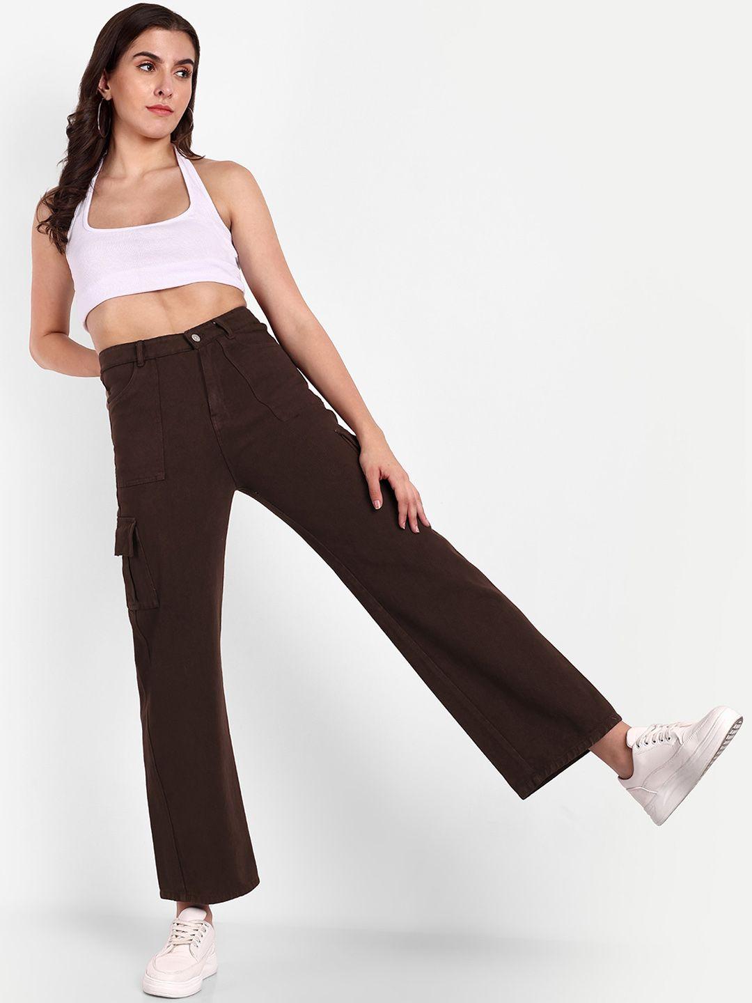 next one women brown smart wide leg high-rise mildly distressed stretchable jeans