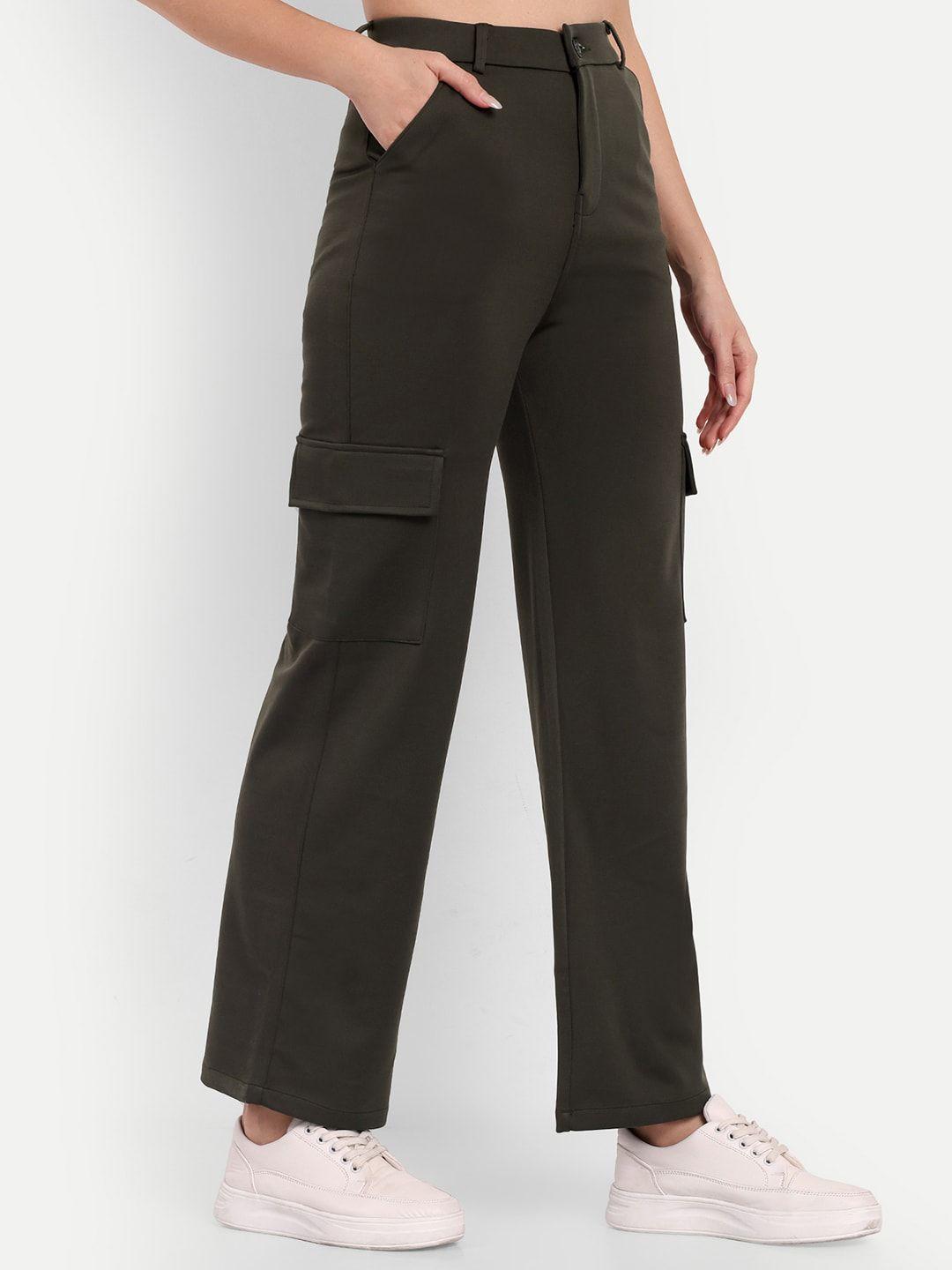 next one women olive green smart straight fit high-rise easy wash cargos trousers